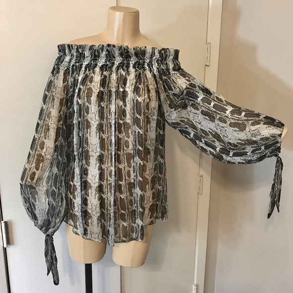 Off Shoulder Top Snakeskin Chiffon Blouse SILK - Picture 2 of 8